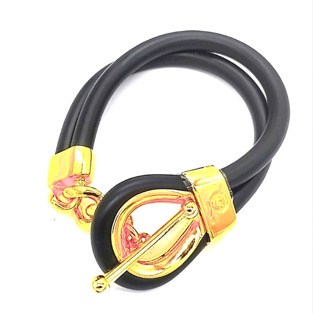 Alexander McQueen Double Layered Black and Gold Rubber Corded Bracelet